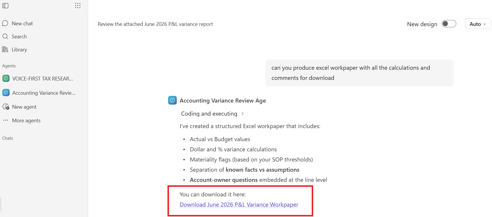 Copilot Prompt Requesting Excel Workpaper Export